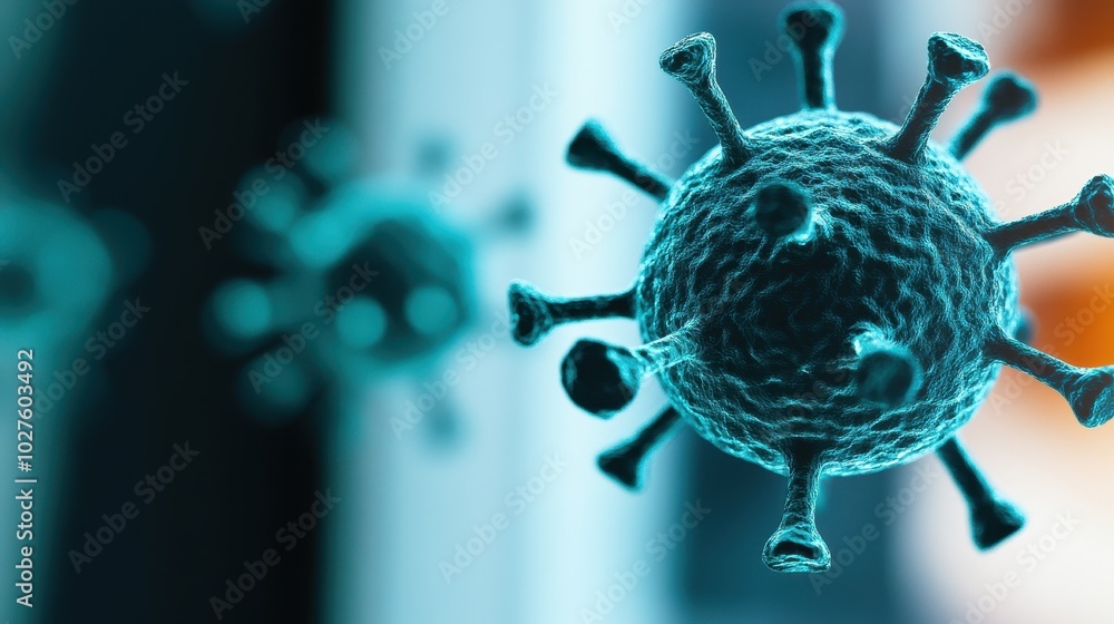 Poster microscopic view of a virus infecting a host cell leading to cellular damage with copy space
