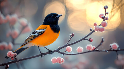Obraz premium Vibrant bird perched on a branch with blossoms.