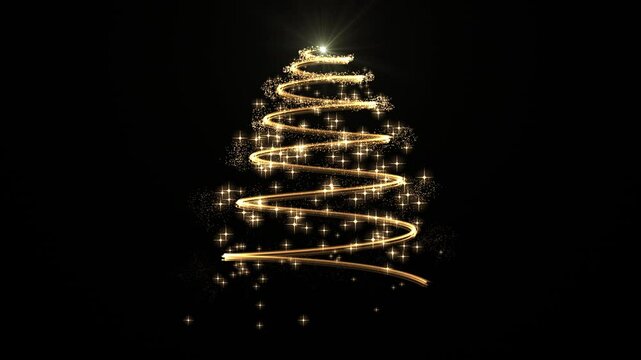 Abstract animated golden christmas tree with twirling glitter and star particles, scene opener or background, concepts, ideas, 4k, transparent background with alpha channel