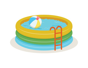 Vector illustration of inflatable pool isolated on white background. Swimming pool full water with inflatable ball.