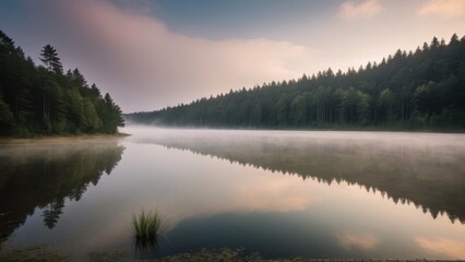 Fototapeta premium A peaceful morning at a calm lake surrounded by a dense forest, with mist covering the water and soft morning light reflecting off the surface. A tranquil and atmospheric nature scene