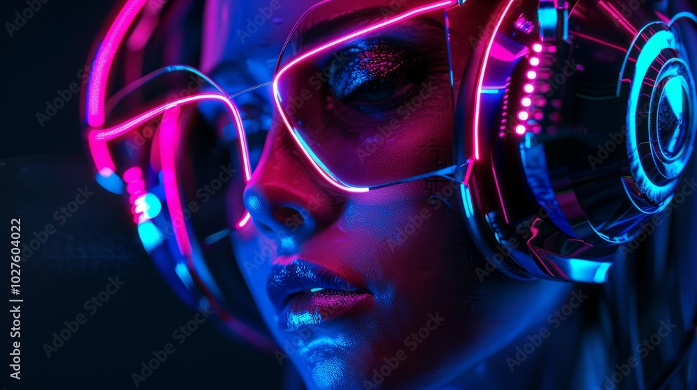 Wall mural close-up portrait of a futuristic girl with headphones. neon light.