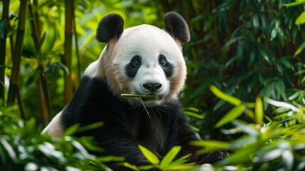 Obraz premium Adorable panda bear eating bamboo in lush green forest.