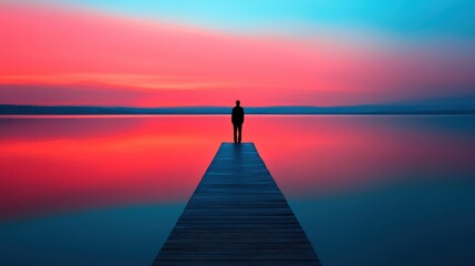 Person standing on a dock, looking out at a calm lake at sunrise, symbolizing a new beginning