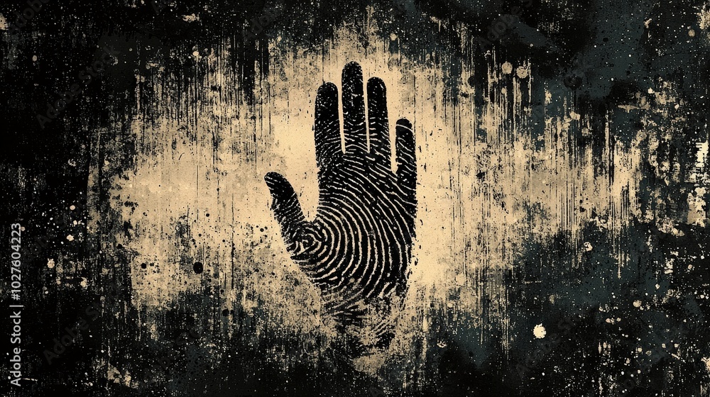 Poster A handprint featuring detailed fingerprint lines appears against a dark and textured backdrop, emphasizing a unique artistic expression and design