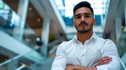 Obraz premium Confident businessman standing in modern office building.