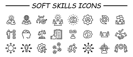 Soft skills line icons set. Includes leadership, active listening, communication, target, core values, and more.