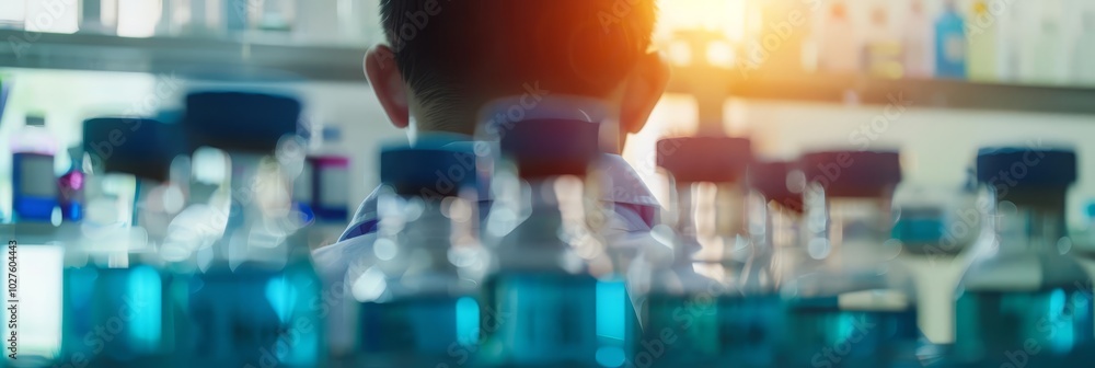 Poster close up of gloved hands working in a laboratory, with rows of vials.
