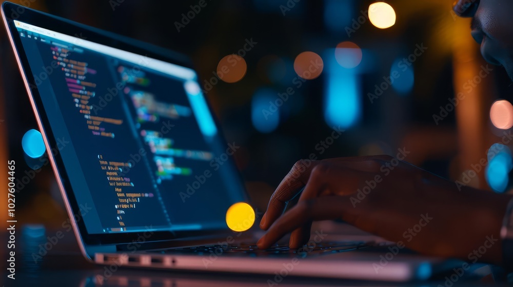 Poster close up of hands coding on a laptop at night.