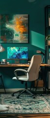 Professional home office setup, teal backdrop, ergonomic chair, designera  s haven