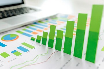 Profit bar chart in green on a white backdrop With copy space