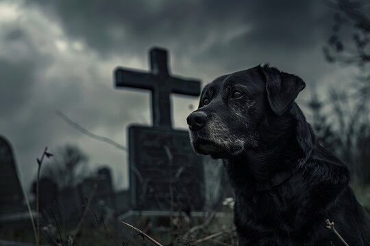 Protective dog waiting in front of a gothicstyle cemetery sign, under a dimly lit sky, showcasing a blend of loyalty and eeriness