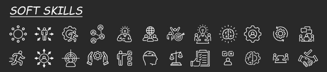 Soft skills line icons set. Includes leadership, active listening, communication, target, core values, and more.