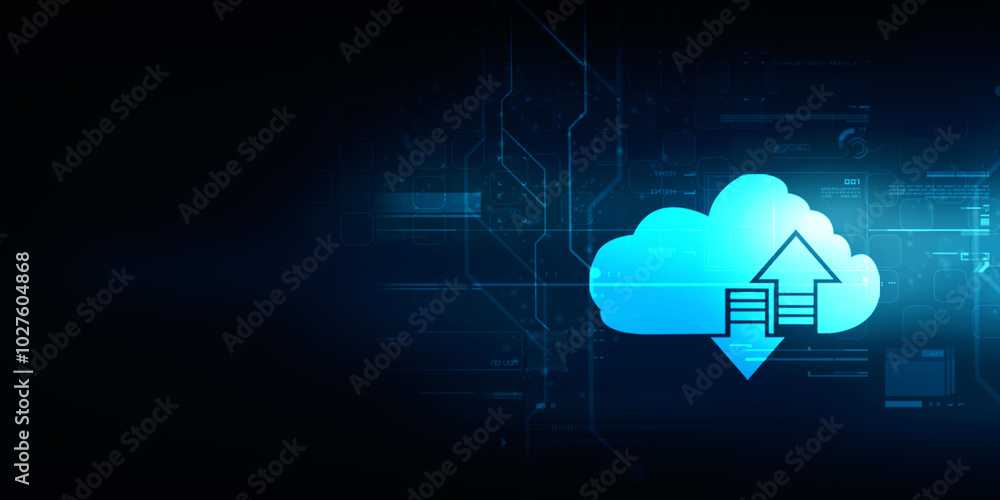 Poster 2d illustration uploading downloading arrow with cloud