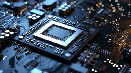 Fototapeta premium Quantum computer concept with a CPU processor, showcasing intelligent quantum qubit computing technology for advanced tech and computing themes with copy space