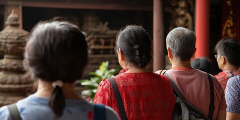 A group of people with their backs turned are attentively viewing a traditional cultural display, symbolizing community, curiosity, and a shared appreciation for heritage.