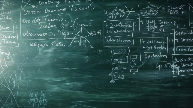 Quantum physics formulas handwritten on a chalkboard with copy space