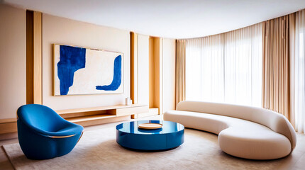  salon z niebieskim krzesłem i dwoma białymi krzesłami, modernizm, futurystyczny wystrój, modernistyczne wnętrze, nowoczesne meble galeryjne, niebiesko-biała kolorystyka