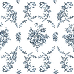 Vector floral seamless antique pattern with big peony roses and leaves in blue color.