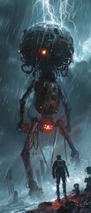 Fototapeta premium Redeyed guardian braves the storm, a fusion of human and machine against the elements