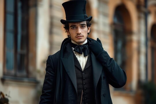 Regency-era man wearing a top hat and a long jacket, embodying historical elegance and style