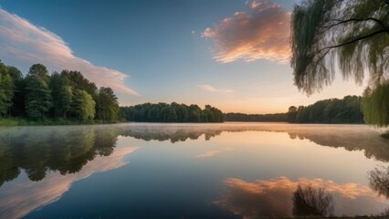 Obraz premium Serene sunrise at a mist-covered lake, with reflections of trees and soft pastel hues in the sky. A beautiful, tranquil scene capturing the essence of a quiet morning