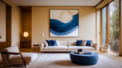  salon z niebieskim krzesłem i dwoma białymi krzesłami, modernizm, futurystyczny wystrój, modernistyczne wnętrze, nowoczesne meble galeryjne, niebiesko-biała kolorystyka