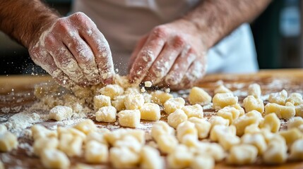Chef rolling gnocchi dough and cutting it into bite-sized pieces.
