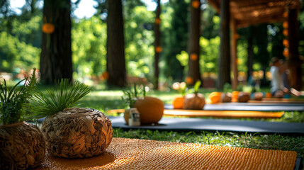 Yoga mats and decorative pumpkins set up on green grass for outdoor yoga class with trees in background.