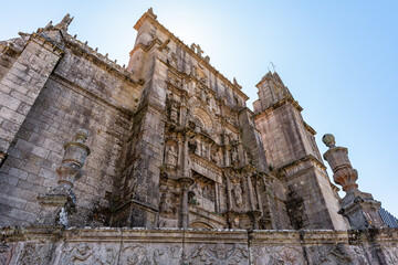 Main facade of the medieval cathedral of Santa Maria in the Galician city of Pontevedra, Spain.