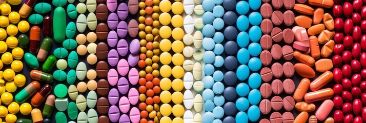 Colorful pills and capsules arranged in rows, medical concept.