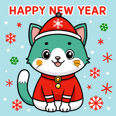 A cute cartoon cat wearing a red sweater and Santa hat cheerfully announces Happy New Year