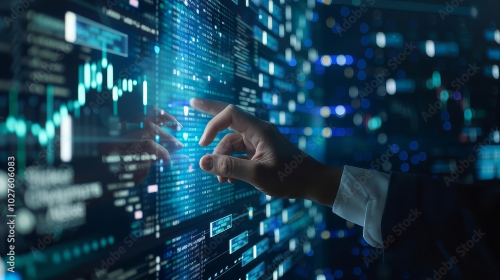 Poster hand interacting with digital data on a screen.