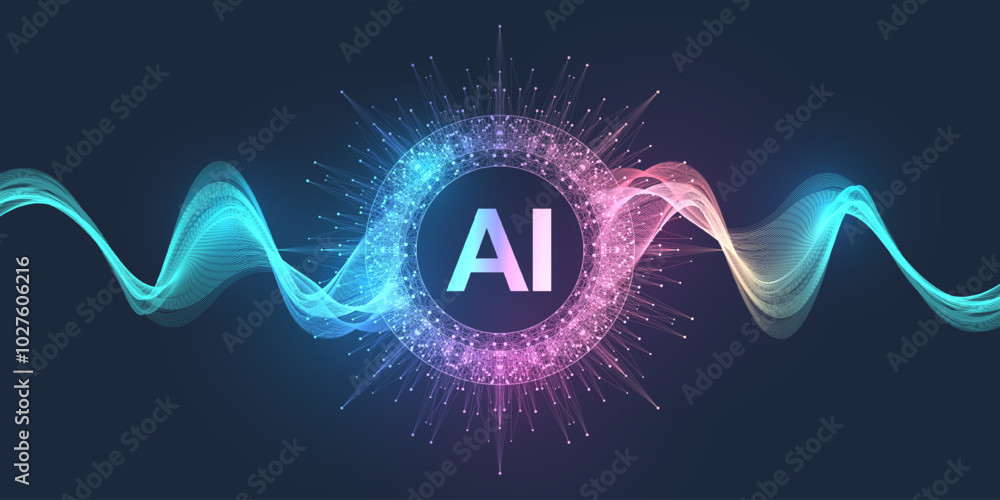 Poster AI Banner Concept In The Digital Style. Generative Ideas Design Element For Internet Technology. Futuristic Technology Concept Artificial Intelligence