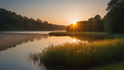 Naklejka premium A serene morning at a small lake with wildflowers in the foreground and the sun rising over the horizon. The golden light bathes the landscape, creating a peaceful and idyllic atmosphere.