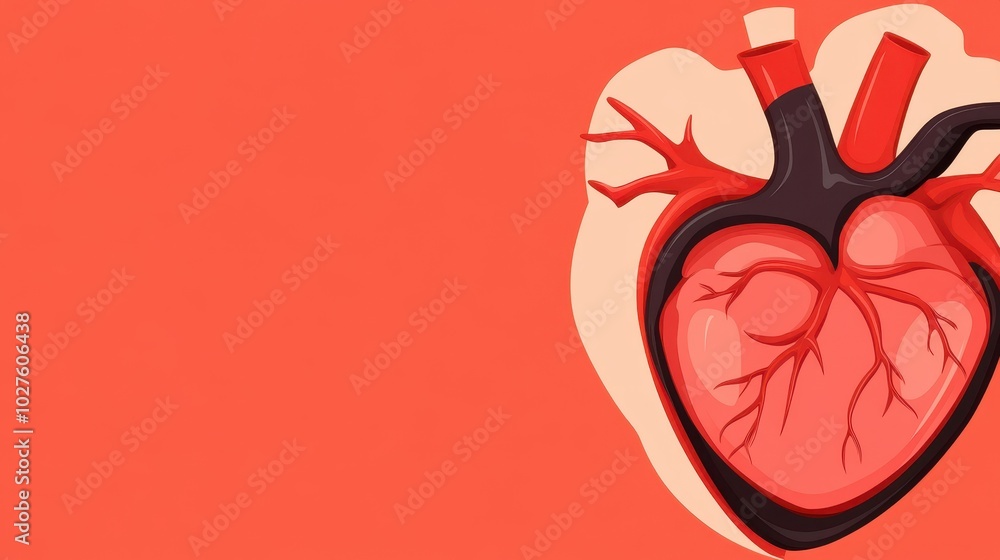 Poster cross-sectional view of the heart showing detailed valve structures and blood flow with copy space