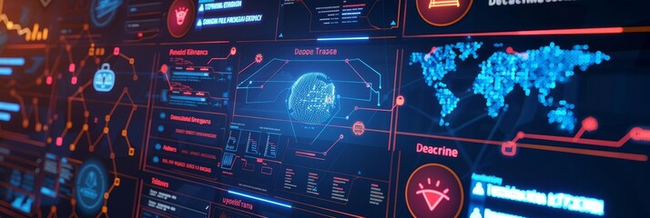 Cyber threat intelligence platform showing detected threats, vulnerabilities, and response measures with copy space