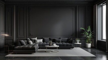 Modern black living room interior with sofa, coffee table, and plant.