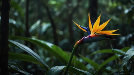 Obraz premium A vibrant orange and blue bird of paradise flower blooms in a lush tropical rainforest setting.