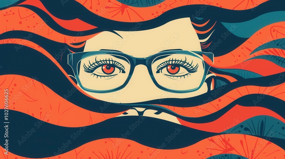 Poster brightly colored eyeglasses float against a backdrop of swirling waves and striking eyes, showcasing