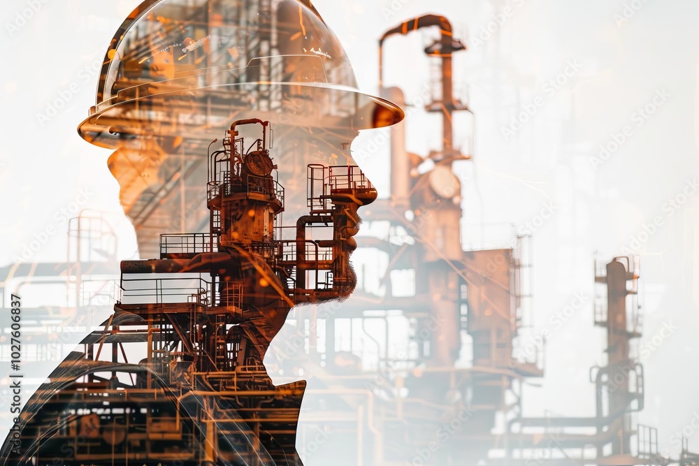 Poster double exposure of an engineer and factory machinery in rust tones with copy space