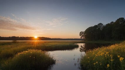 Obraz premium A serene morning at a small lake with wildflowers in the foreground and the sun rising over the horizon. The golden light bathes the landscape, creating a peaceful and idyllic atmosphere.