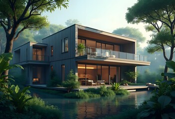 3d rendering of modern cozy house by the river with garage for sale or rent with beautiful mountains on background. Clear sunny summer day with blue sky.
