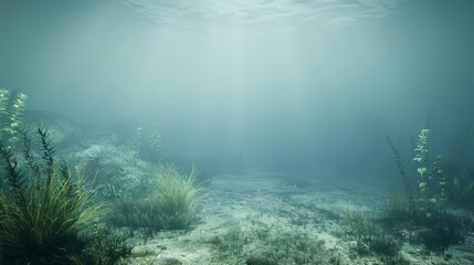 Fototapeta premium Sunbeams illuminate the ocean floor, illuminating the seagrass and algae.