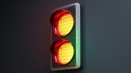 Modern LED Traffic Light: A sleek, contemporary design of vertical traffic lights, showcasing energy-efficient LED signals. The red light glows intensely at the top, the yellow light emits a warm ambe