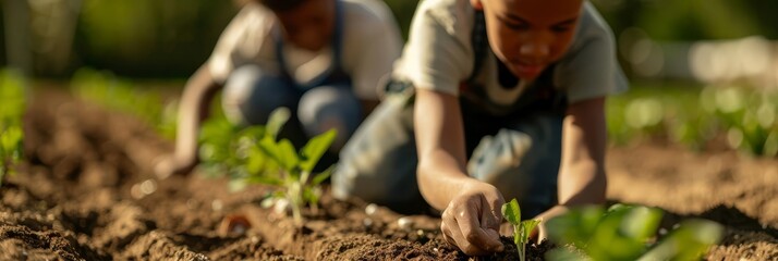 Two young people plant seedlings in a garden, a focus on hands in the soil.
