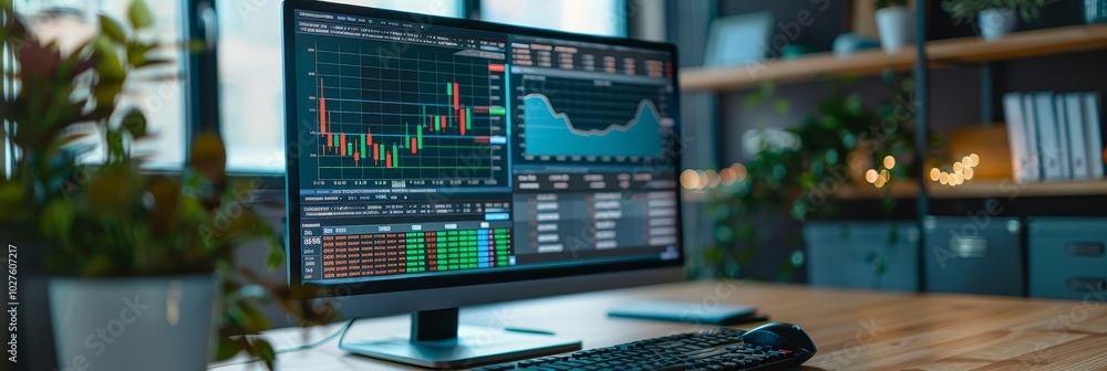 Poster financial forecasting model on a computer screen, showing projections, charts, and financial data wi