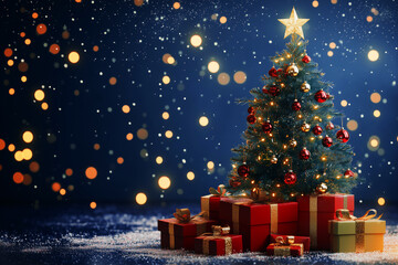 Festive Christmas wallpaper. Christmas tree with lights and gifts on glitter bokeh background. New year greeting card with copy space