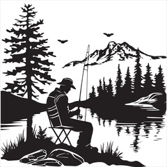 
silhouette image of a male fisherman is sitting on a chair and fishing, lake scene (mountain, pine tree), beside view.

