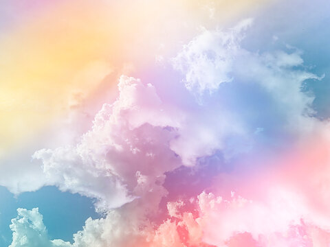 beauty sweet pastel yellow and red colorful with fluffy clouds on sky. multi color rainbow image. abstract fantasy growing light